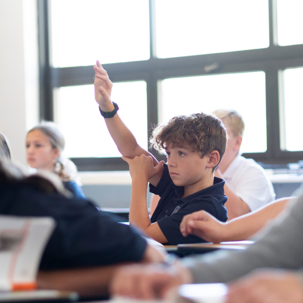 Boy raising his hand in class