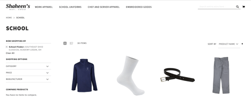 Screenshot of uniforms website